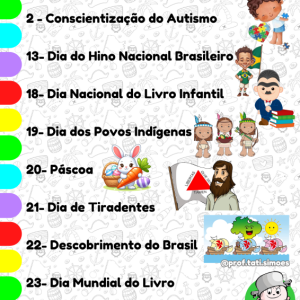 brinde Calendário de Datas comemorativas de ABRIL Baú Pedagógico